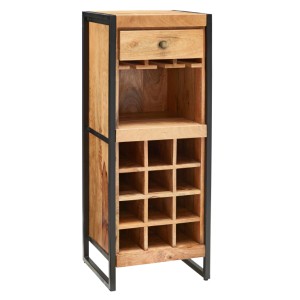 Barregal Fontana aus Mango-Massivholz mit Schublade, Gläserhalter und Flaschenfächern. Vintage-Optik, Metallapplikationen.