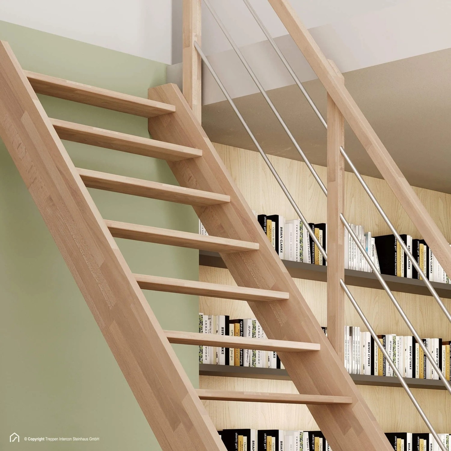 Helle Raumspartreppe Palermo aus naturbelassener Buche mit Edelstahlgeländer. Ideal für Innentreppen bis 280 cm Höhe.