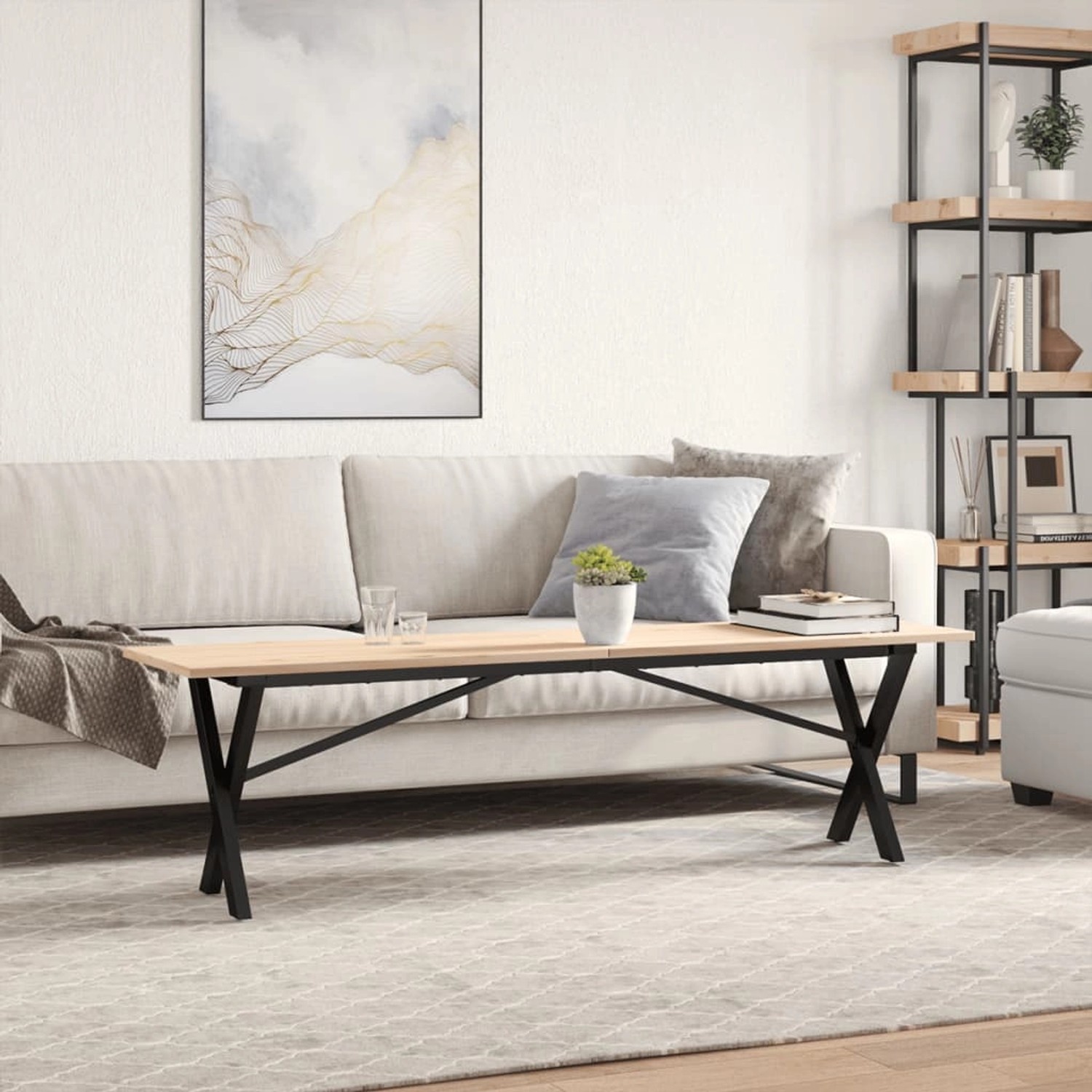 vidaXL Couchtisch mit X-Gestell, 160x40x45 cm, Kiefer Massivholz und Gusseisen