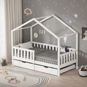 Weißes ML-Design Hausbett (80x160 cm) aus Kiefernholz mit 2 Schubladen für Kinder.