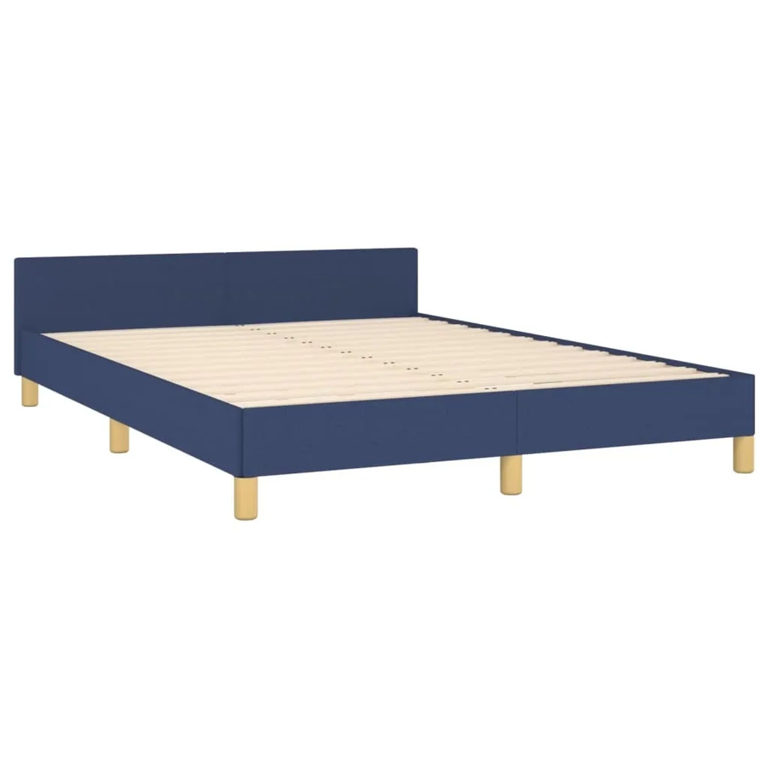 Blaues Stoff-Bettgestell 140x190 cm mit Kopfteil. Bett mit Holzlattenrost und Füßen.