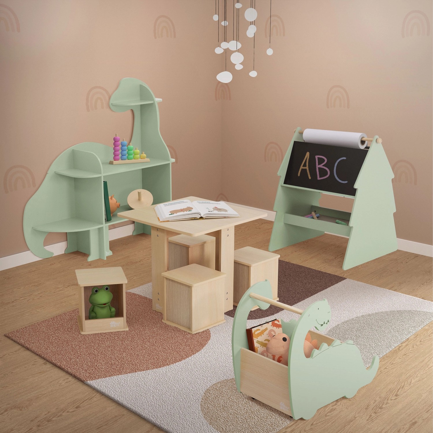 Joyz Kindersitzgruppe mit Tisch und 4 Hockern aus Holz im Kinderzimmer.