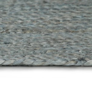 Nahaufnahme: Handgefertigter, runder Juteteppich in Oliv, 240 cm Durchmesser. Teppich für Wohnzimmer.