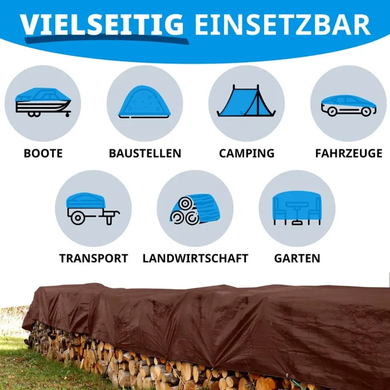 Braune Karat Abdeckplane 2x3m als Schutzplane über Holzstapel im Garten.