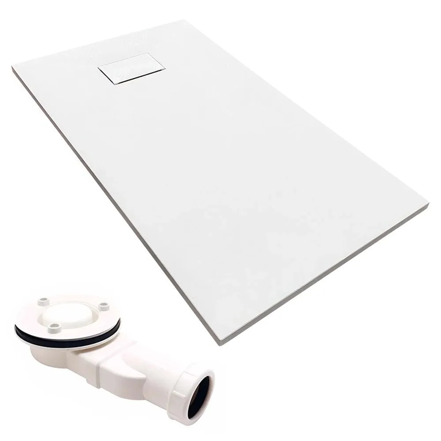 KOLMAN Duschwanne Rechteckig 140 x 90 x 3.2 Cm Verbundwerkstoff Weiß Steinoptik Inkl. Ablaufgarnitur