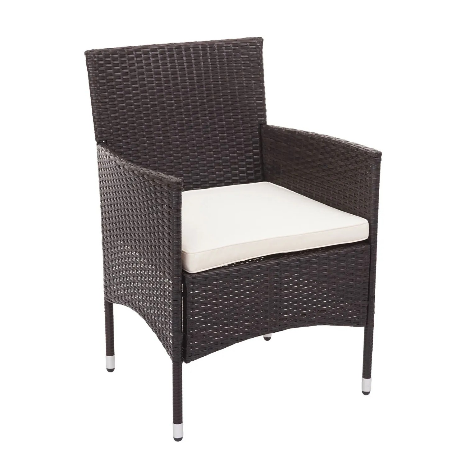 Brauner Poly-Rattan Sessel mit creme-farbenem Kissen, Teil der MCW F55 Lounge-Garnitur.