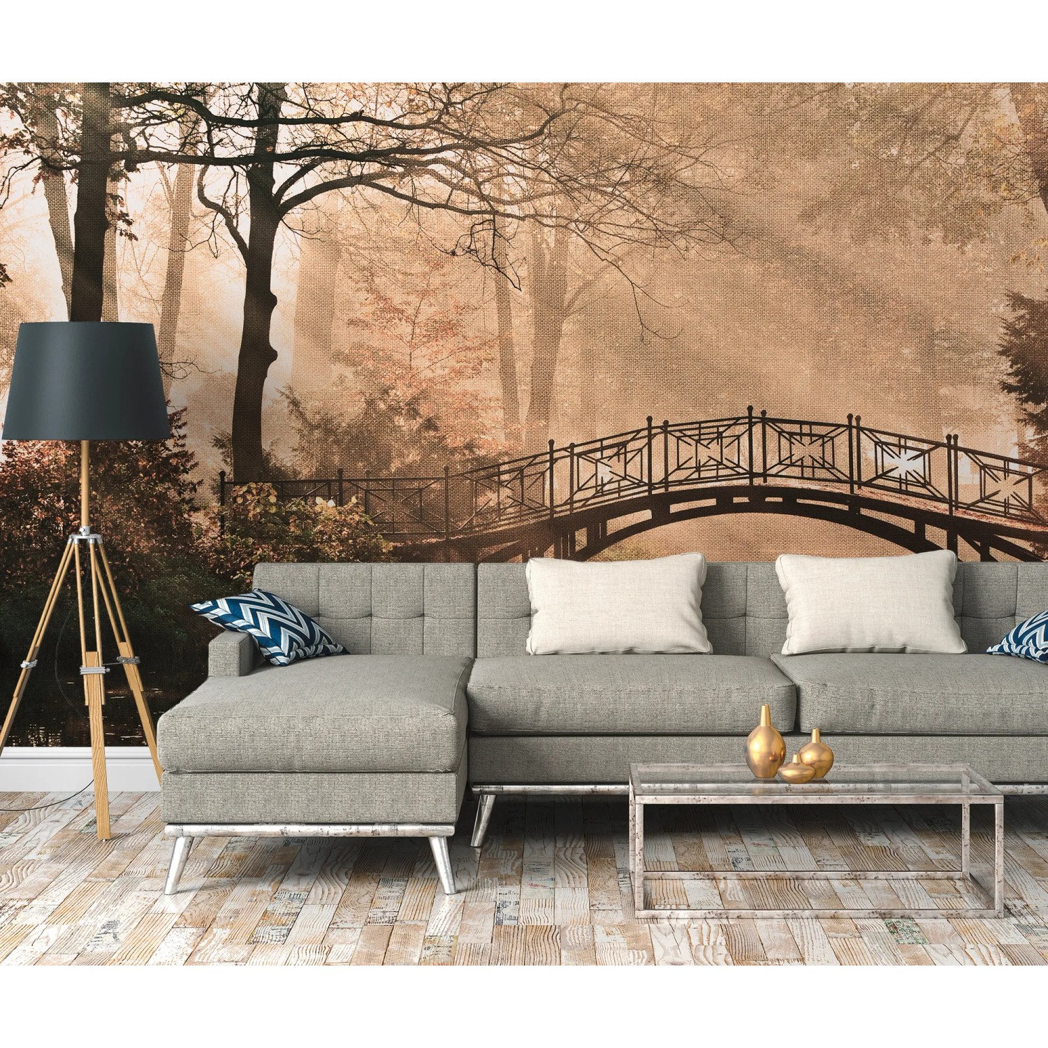 Fototapete mit Brücke über Fluss im Wald, grüne und braune Farbtöne, 3,50x2,55m.