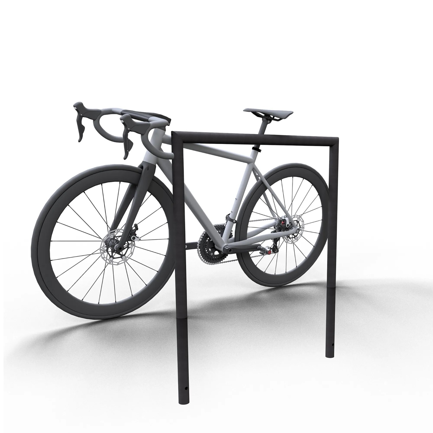 Eisengrauer Schake Anlehnbügel (Ø 48 mm x 1000 mm) mit Fahrrad. Robuste Baugeräte für den Außenbereich.