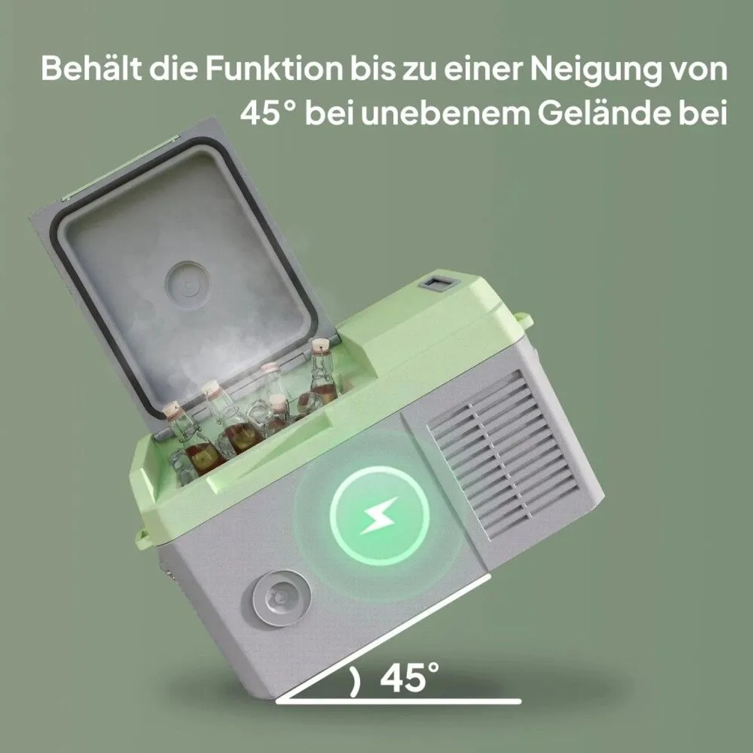 Grau-grüne Outsunny Kühlbox, Deckel offen, bei 45° Neigung. Flaschen innen. Zeigt stoßfestes Design für Autozubehör.