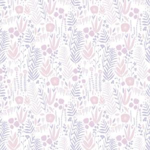 Blumen Tapete in Weiß, Rosa und Lila mit floralem Muster für Kinderzimmer.