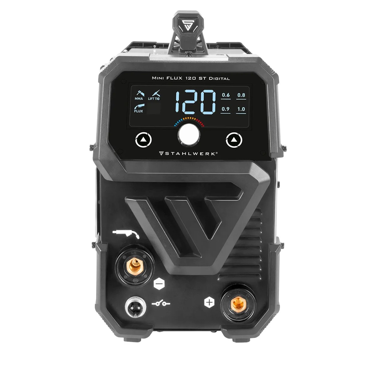STAHLWERK Mini FLUX 120 ST Schweißgerät mit ARC/MMA Funktion, 120 Ampere, Frontansicht.