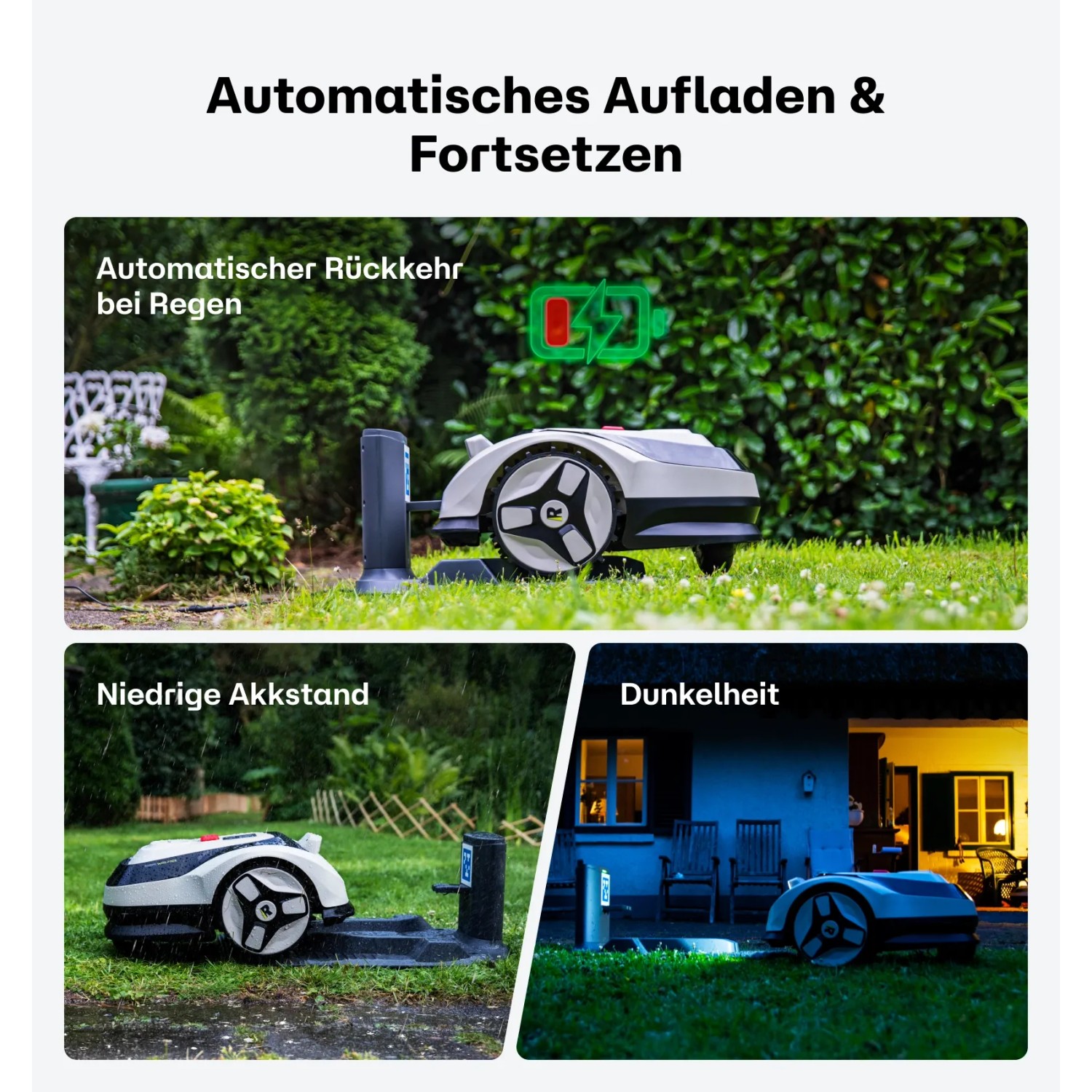 RoboUP Raccoon 2 SE Mähroboter lädt automatisch im Garten bei Regen, niedrigem Akku oder Dunkelheit.