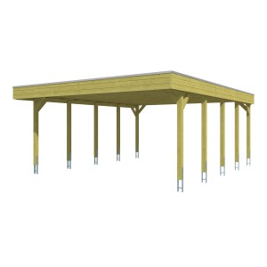 Skan Holz Doppelcarport Friesland mit Flachdach, Holzkonstruktion und Aluminiumplatten.
