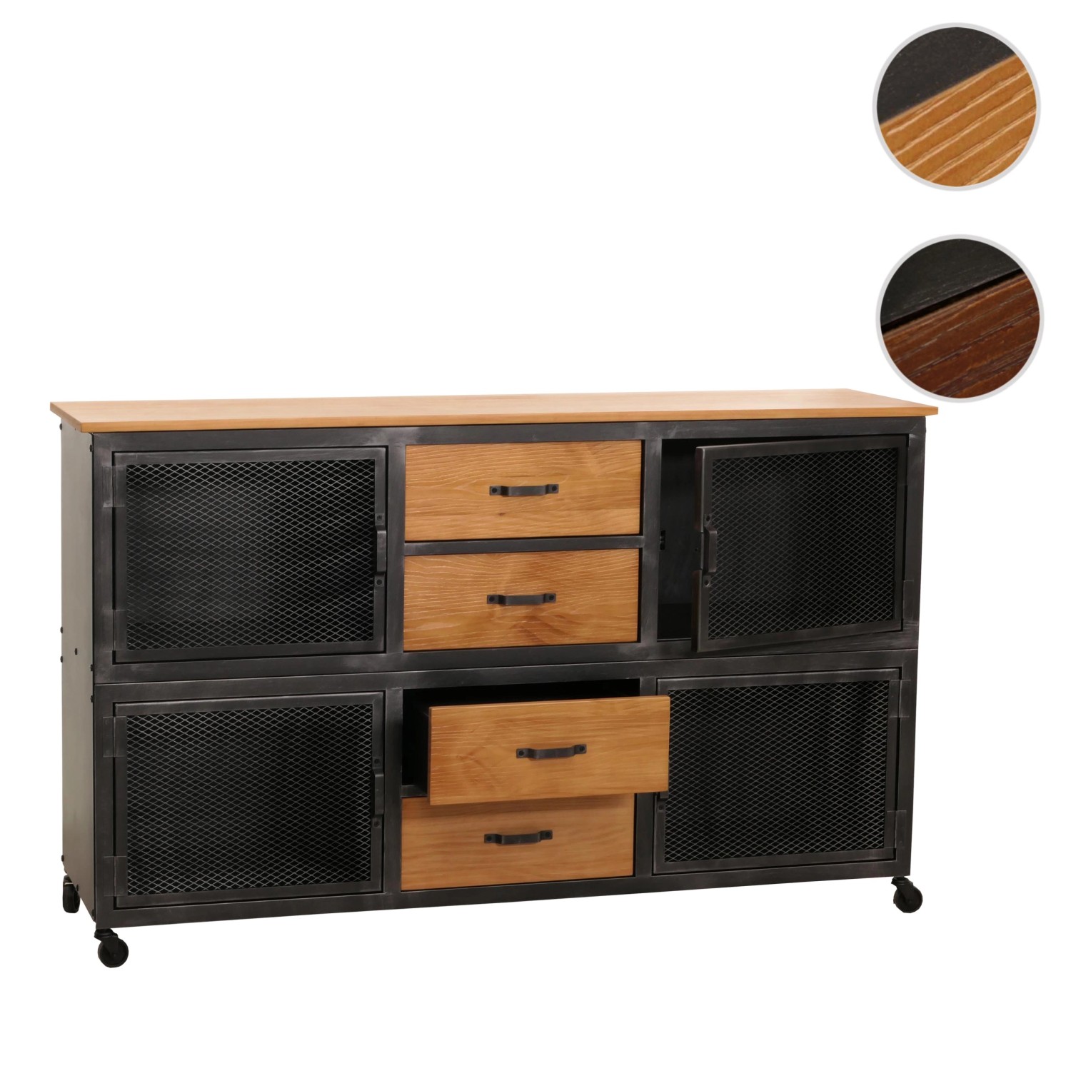 Schwarzer Werkstattwagen N28 mit 4 Schubladen, Holzplatte und Gittertüren, 90x150x40cm.