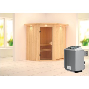 Karibu Sauna-Set Tjorven mit Ofen und Dachkranz, aus naturbelassener Fichte.