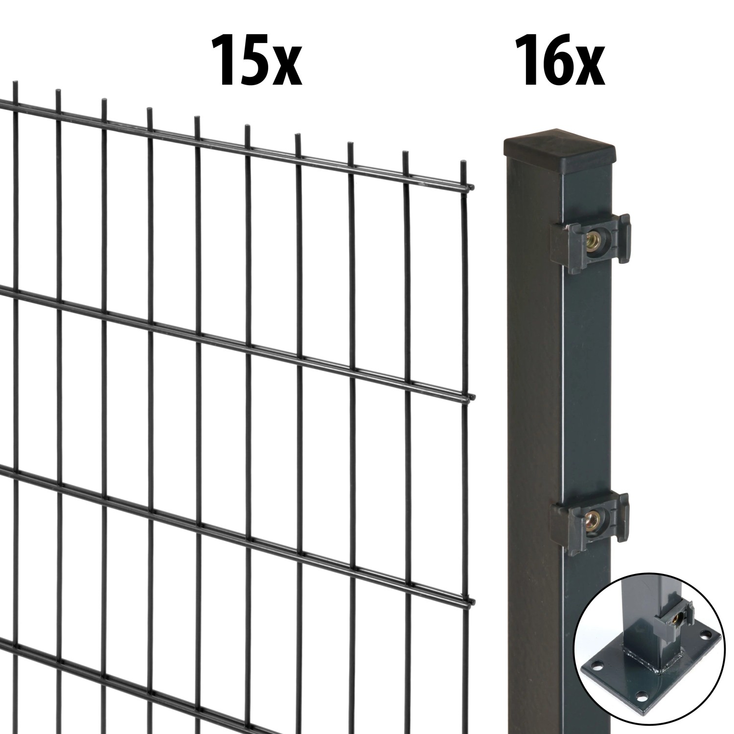 Floraworld Doppelstabmatten-Set mit Bodenplatte 100 cm x 30 m 60/40 Anthrazit