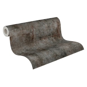 Dunkelgraue Vliestapete in Betonoptik mit Rost- und Metallic-Effekten, leicht strukturiert. Dekorative Tapete.