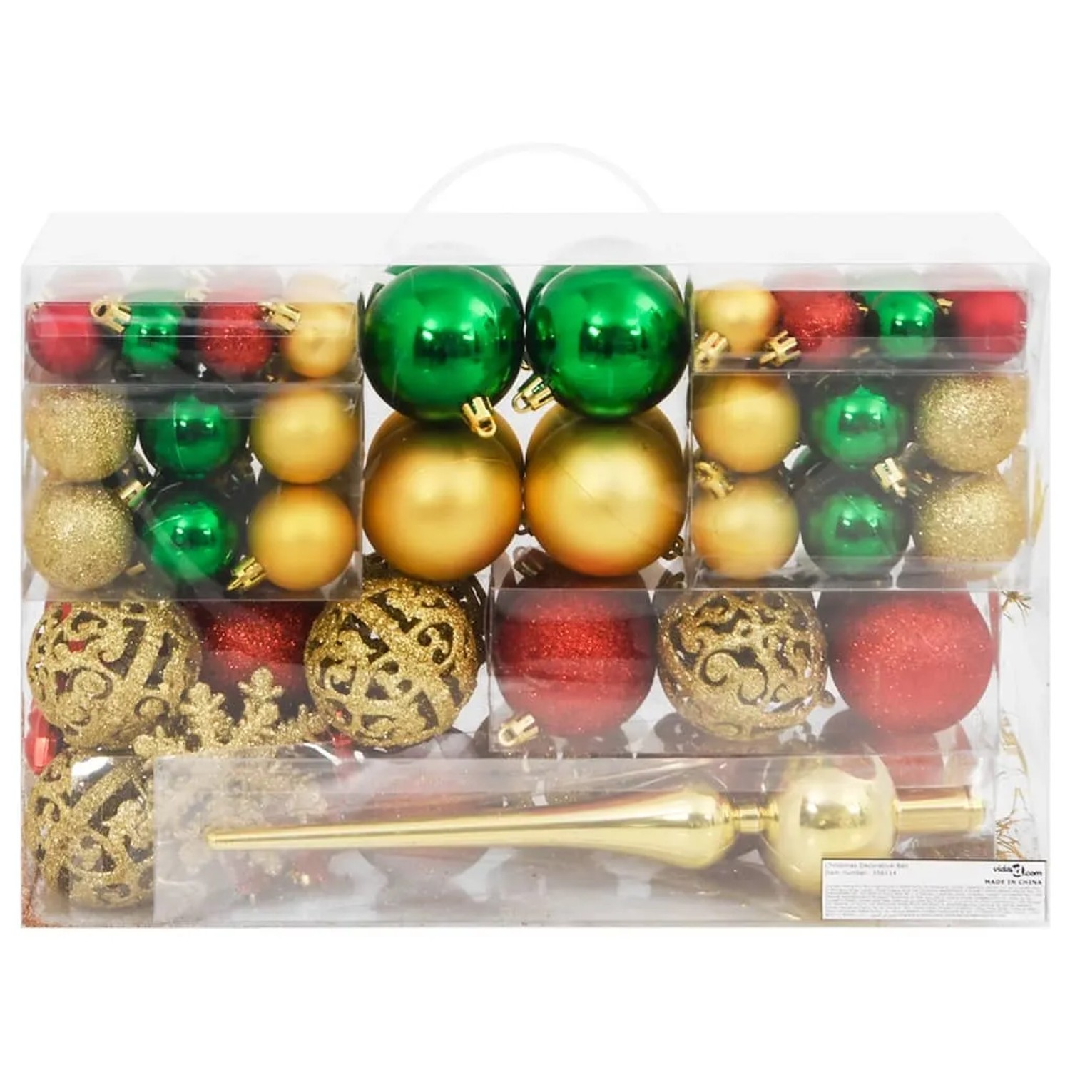 Weihnachtskugel-Set, 112-teilig, rot, grün, golden, mit Christbaumspitze, Sterne und Schneeflocken.