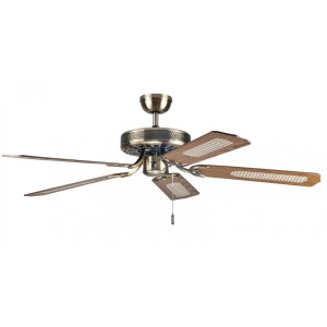 Deckenventilator Paloma Plus 132 cm in Antikmessing mit Holzflügeln (Eiche/Buche) und Zugschalter.