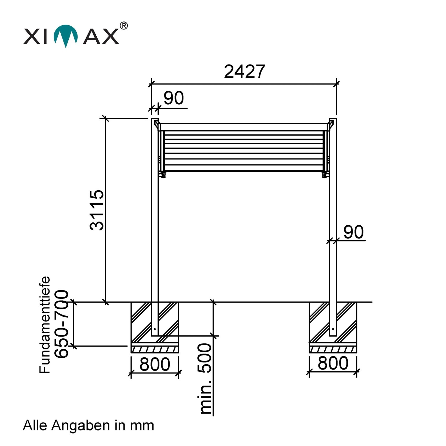 Technische Zeichnung Ximax Carport My-Port Typ 2450 mit Maßangaben.