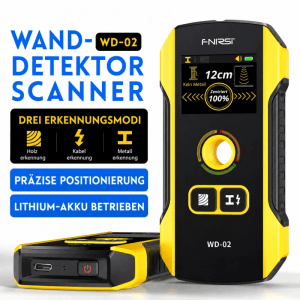 Gelb-schwarzer FNIRSI WD-02 Wandscanner mit Farbdisplay. Erkennt Holz, Kabel, Metall bis 120 mm. Präzises Prüfwerkzeug.
