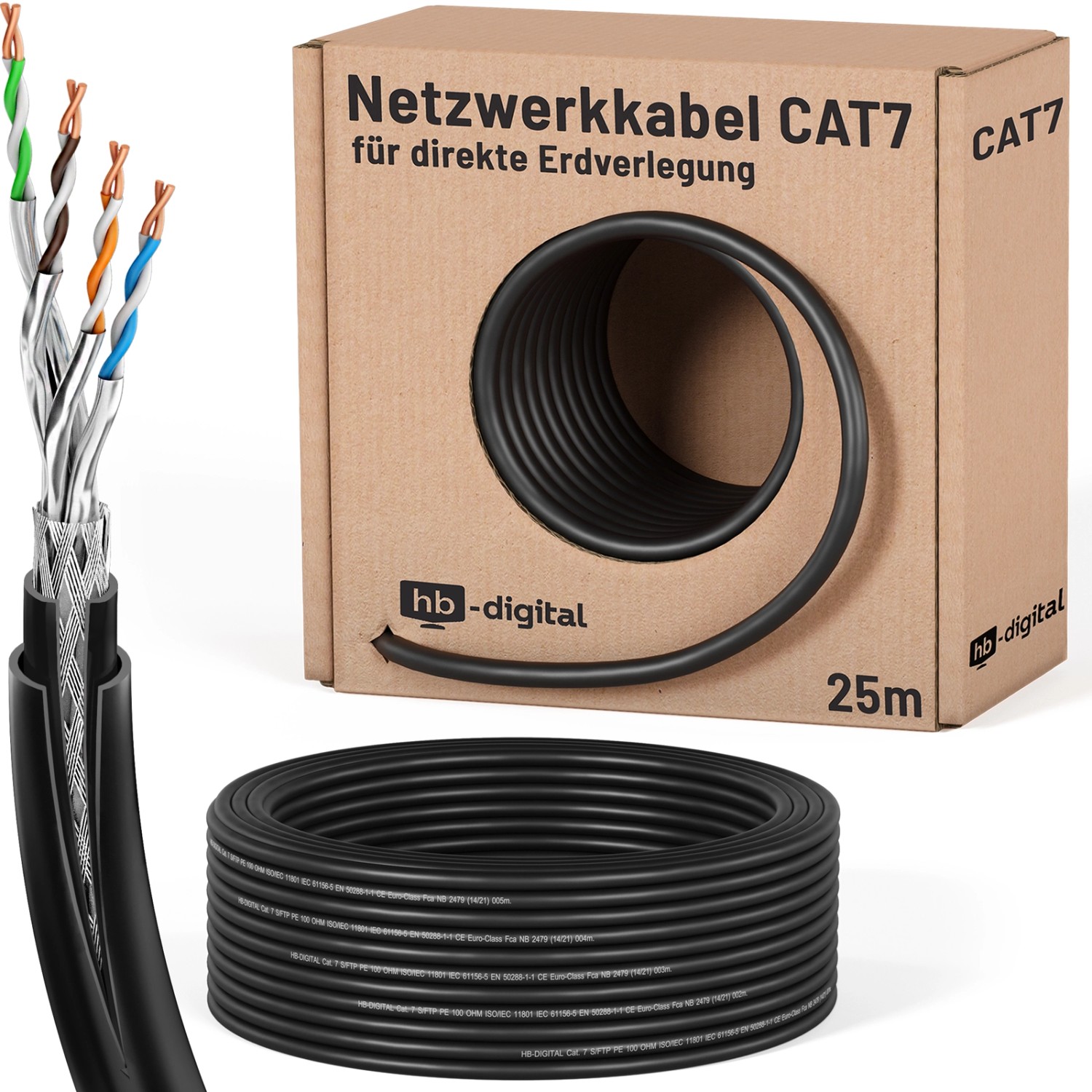 hb-digital 25m CAT 7 Erdverlegekabel Doppelmantel S/FTP PVC + LLDPE AWG23 für Außenbereich