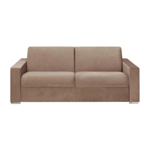 Beiges Vente-unique Schlafsofa Calito, 216 cm breit, aus Samt mit geraden Armlehnen und Metallfüßen.