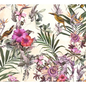 Vliestapete mit Blumen, Blättern und Vögeln in Grün und Beige.