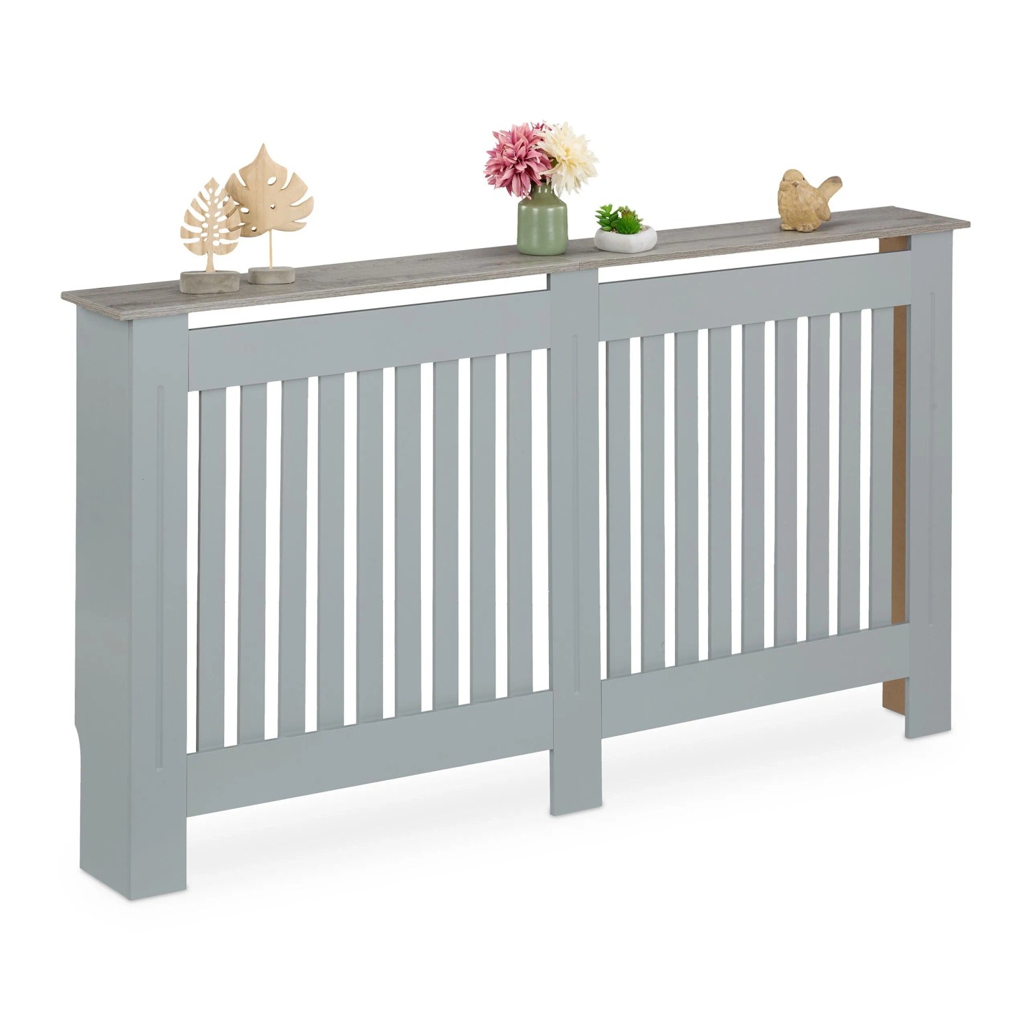 Relaxdays Heizkörperverkleidung MDF Grau mit Holzoptikablage 152 cm x 19 cm x 83 cm 10 kg