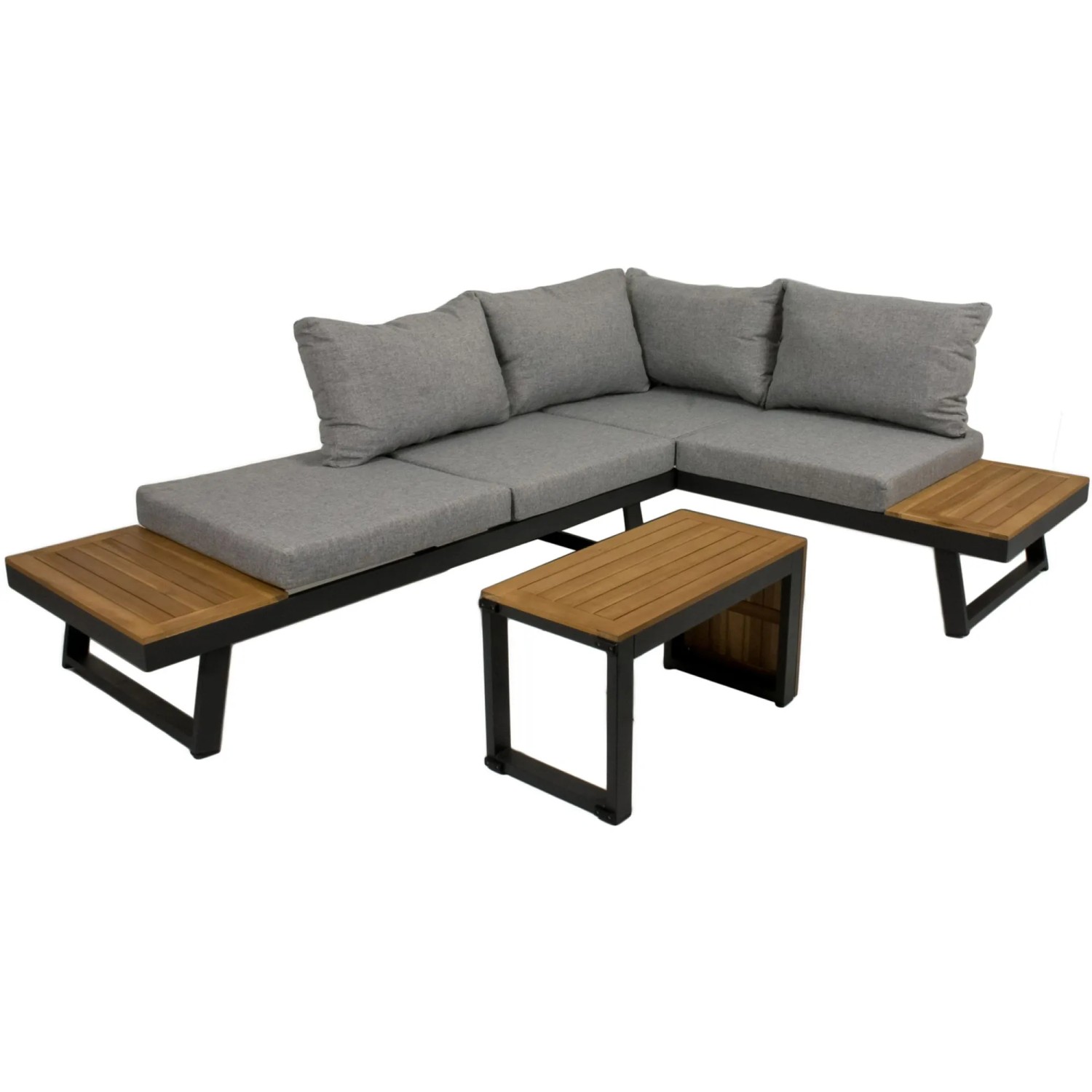 3-teilige Lounge-Gruppe Felice FSC® mit grauen Polstern und Akazientisch für Garten, Terrasse oder Balkon.
