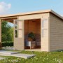 Karibu Holz-Gartenhaus Neuenburg mit Anbaudach und Doppeltür im Garten.
