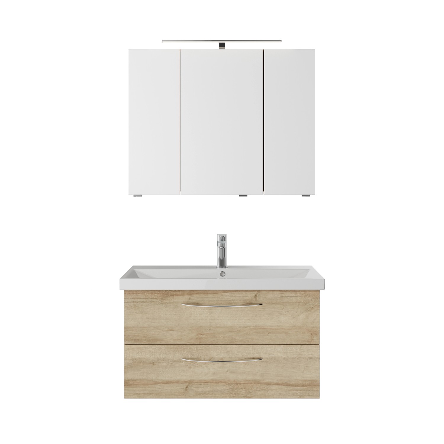 Pelipal Badmöbel-Set Serie 4035 in Riviera Eiche mit Spiegelschrank und LED-Beleuchtung.