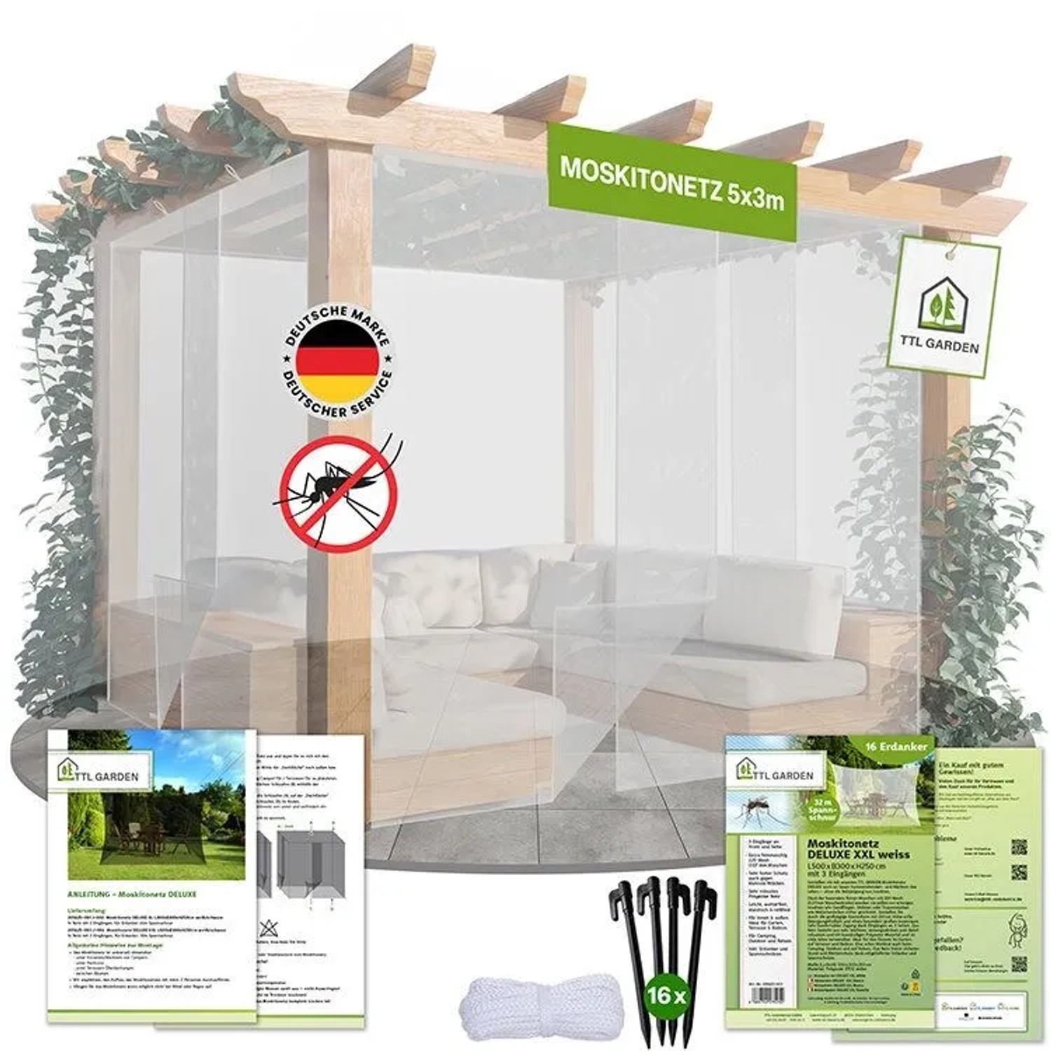 TTL GARDEN Moskitonetz DELUXE XXL 500 x 300 x 250 cm 0,07 mm Maschenweite Insektenschutznetz Bett Pavillon Terrasse 3 Öf...
