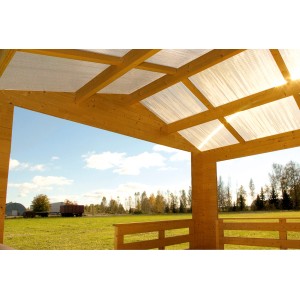 Skan Holz Gartenhaus Holmestrand Natur, 380x300 cm, mit offenem Dach und Blick in die Natur.