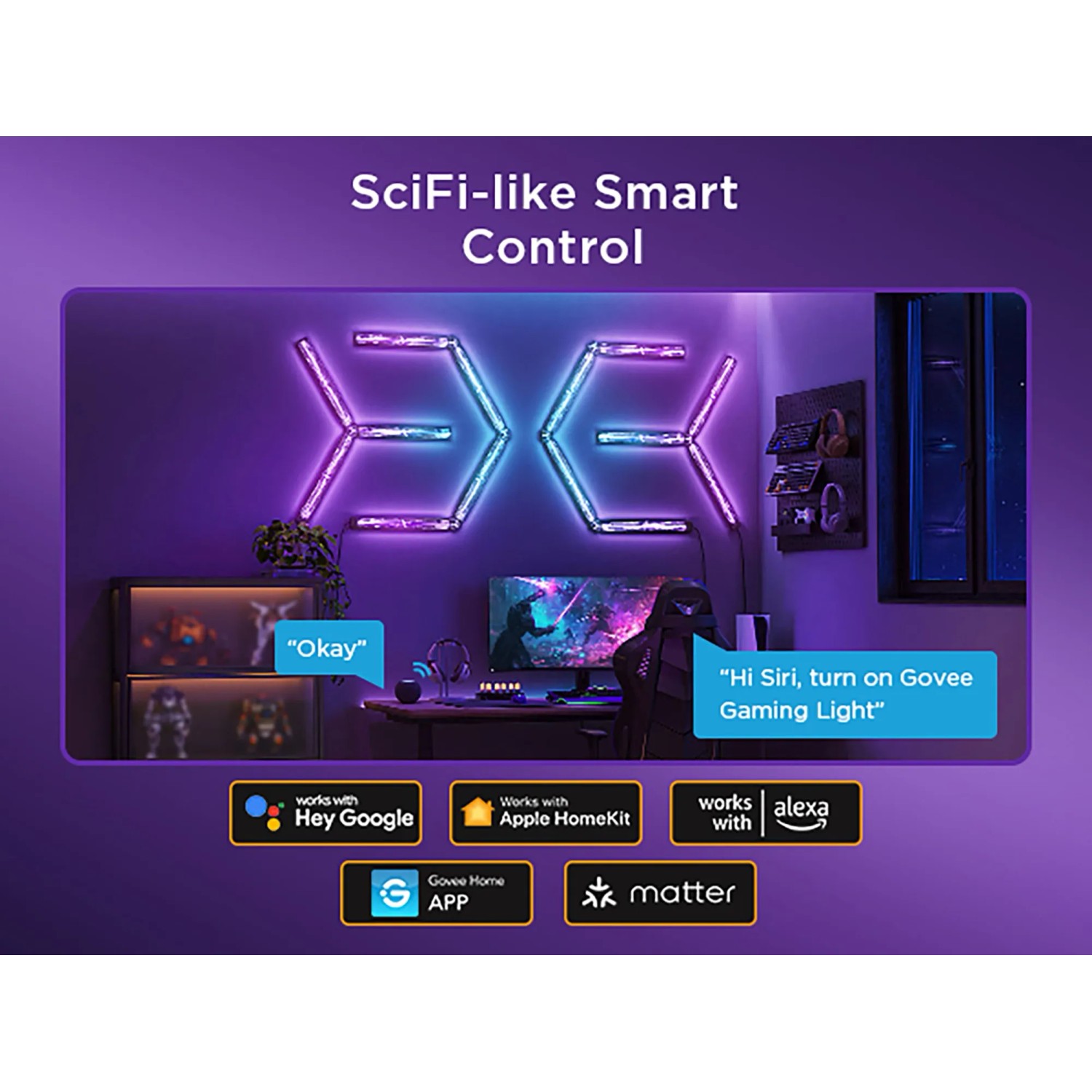 Govee Gaming-Wandleuchten H6063 (4+1) im Gaming-Zimmer mit Sci-Fi Beleuchtung.