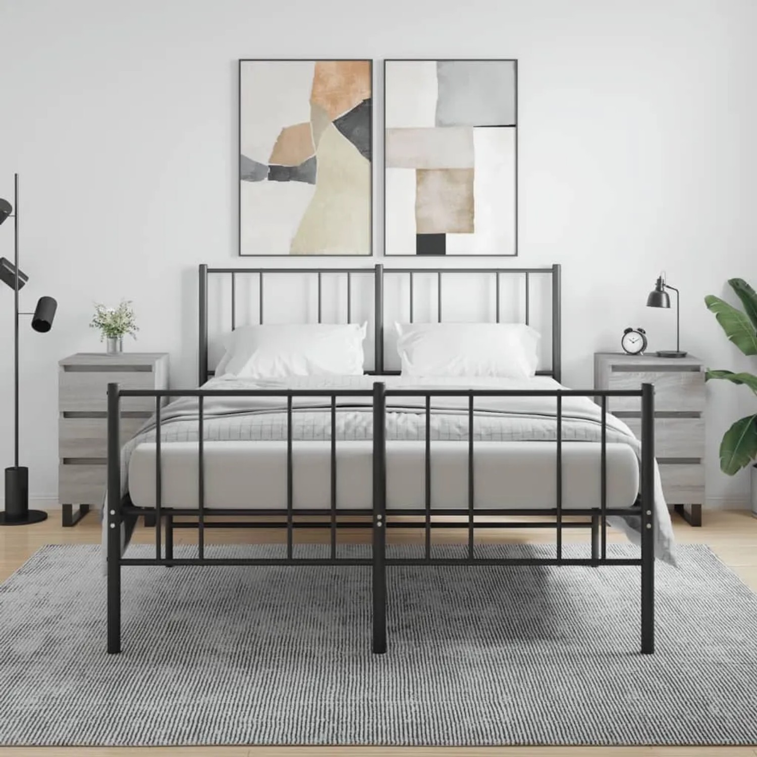 Zwei graue Nachttische vidaXL Sonoma aus Holzwerkstoff, 40x35x69 cm, im Schlafzimmer.