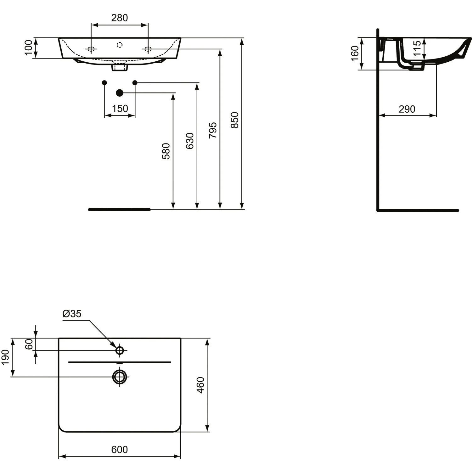 Technische Zeichnung: Ideal Standard Connect Air Waschtisch, 60x46 cm, Schwarz, mit Maßen.