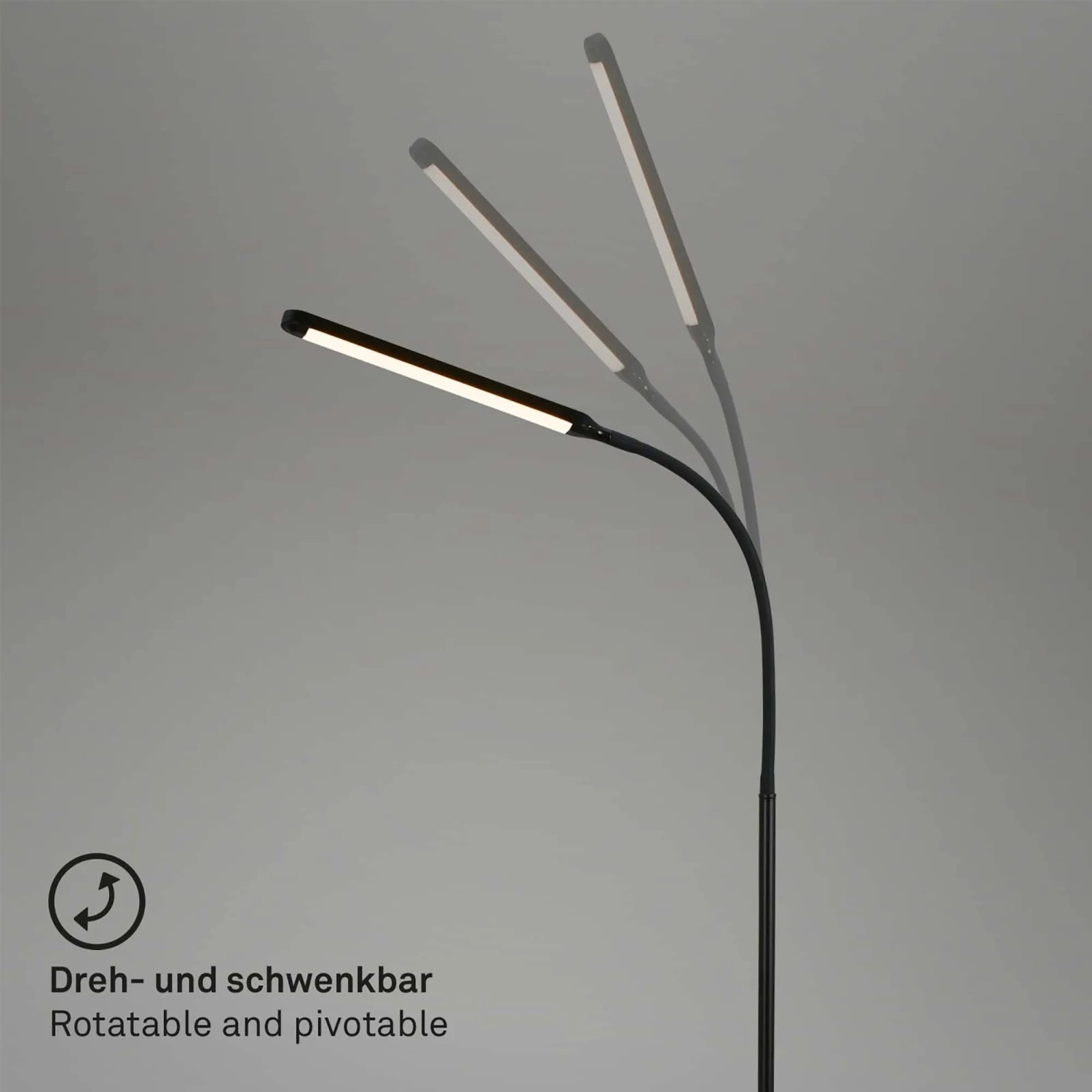 Schwarze, dimmbare Brilo LED Stehleuchte Pivaz mit schwenkbarem Leuchtenkopf.