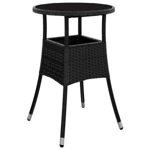Schwarzer vidaXL Gartentisch aus Poly Rattan mit Glasplatte, Ø60x75 cm.