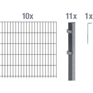 Metallzaun Grund-Set Doppelstabmatte, anthrazit beschichtet, 10 Matten, 11 Pfosten, 1 Schlüssel.