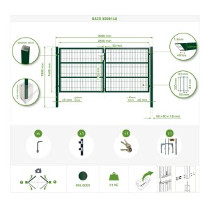 Technische Zeichnung: Grünes Casanoov Gartentor, 2-flügelig (3m) & Zauntür (1m), Stahl, Maße.