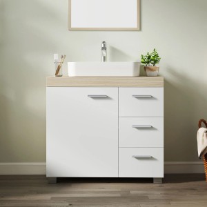 Songmics Waschbeckenunterschrank, weiß-beige, mit Schubladen und Tür.