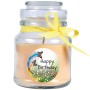 Duftkerze im Glas mit "Happy Birthday" Motiv, Vanilleduft und gelber Schleife.