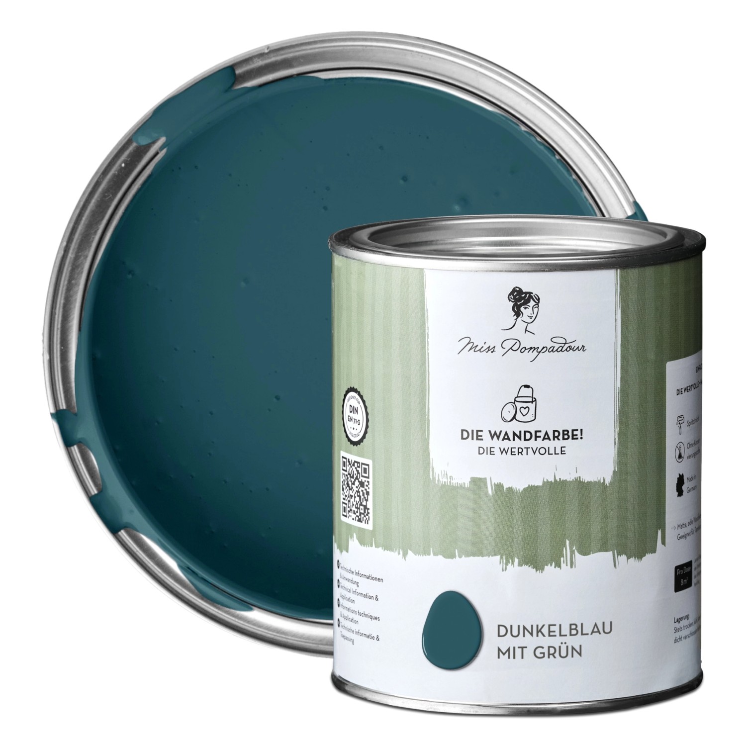 MissPompadour Extramatte Wandfarbe Dunkelblau mit Grün 1L Hochdeckend Spritzfrei