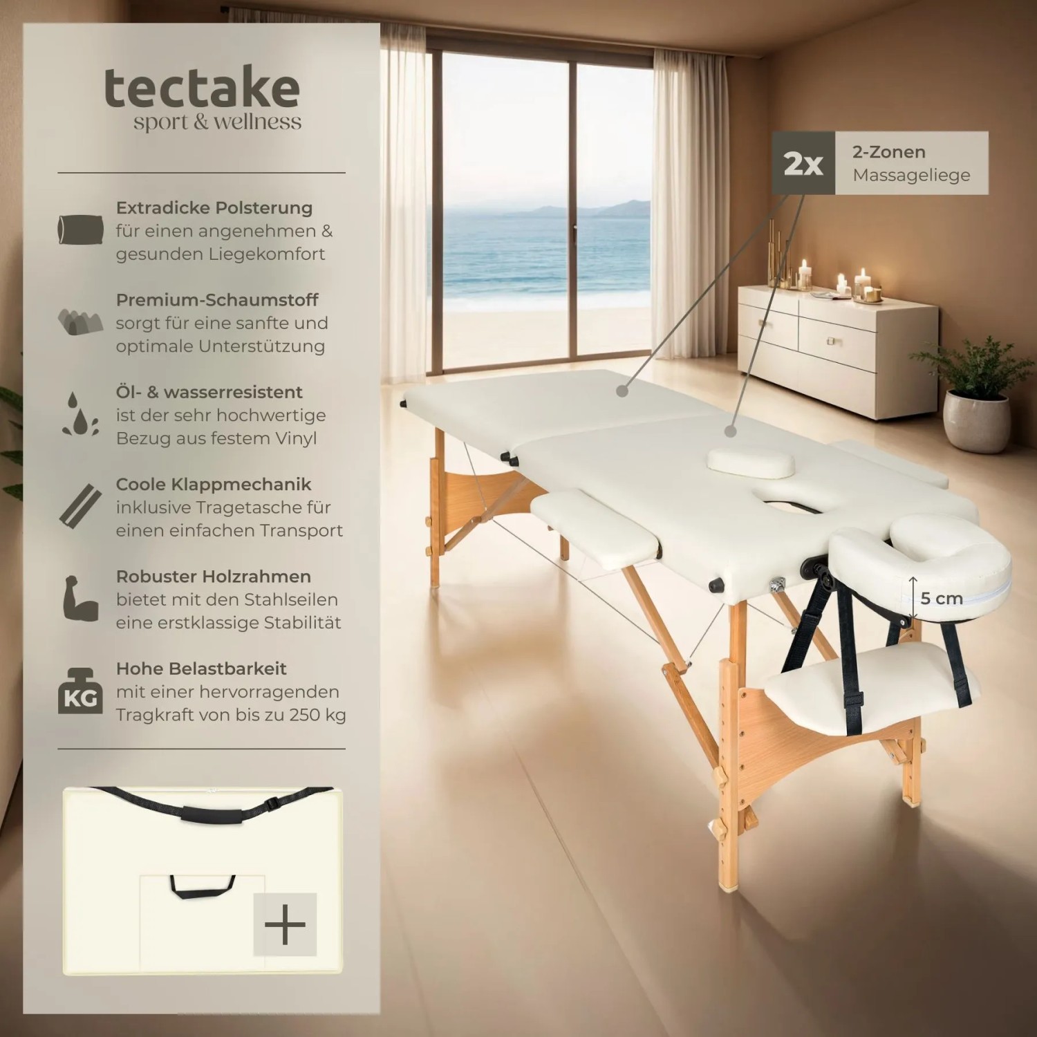 Beige Massageliege Freddi von Tectake mit Holzgestell, Armlehnen und Tragetasche.