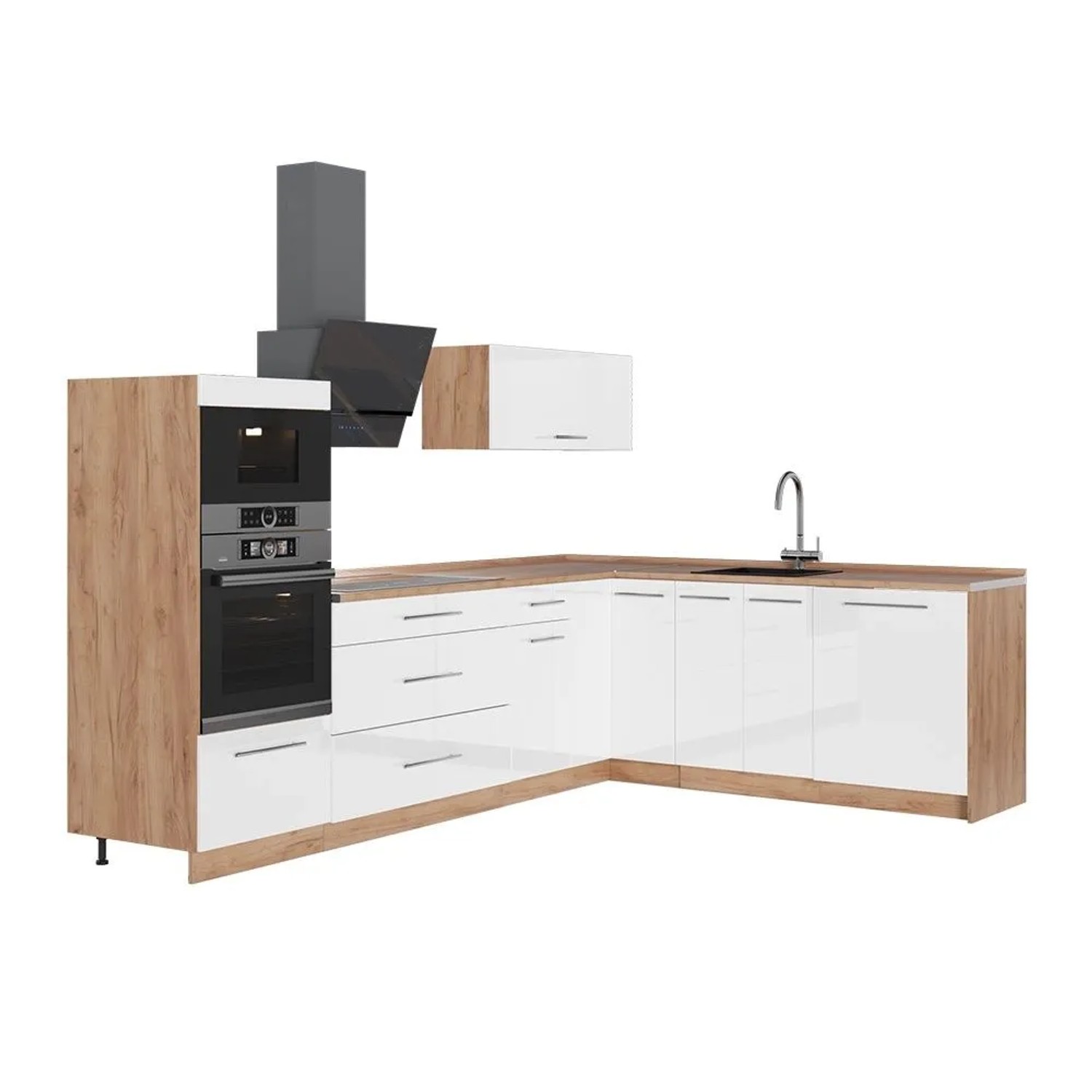 Vicco Eckküche Fame-Line Weiß Hochglanz/Goldkraft Eiche 287 x 154 ohne Arbeitsplatte Art Nr 63516