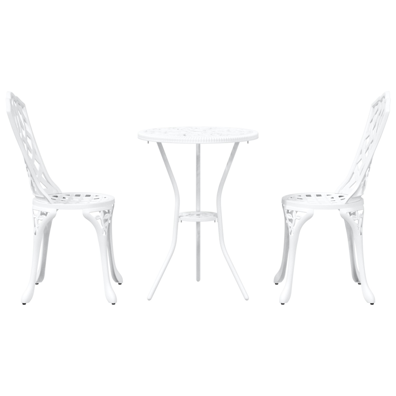 Weißes 3-teiliges Garten Bistro Set aus Aluminium. Gartentisch mit zwei Stühlen für Terrasse und Balkon.