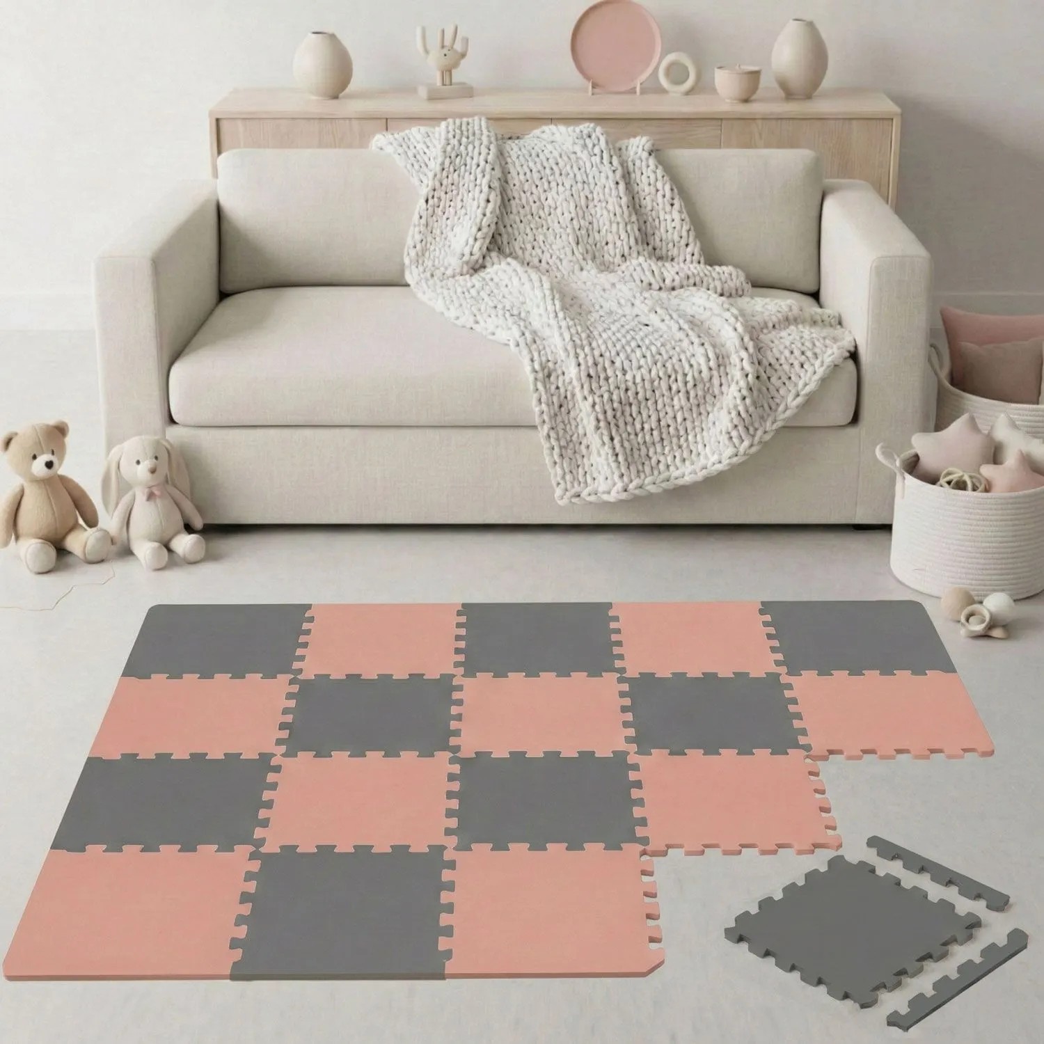 LittleTom Spiel- & Krabbelmatte Puzzlematte 18-teilig 30 x 30 cm Terracotta Grau