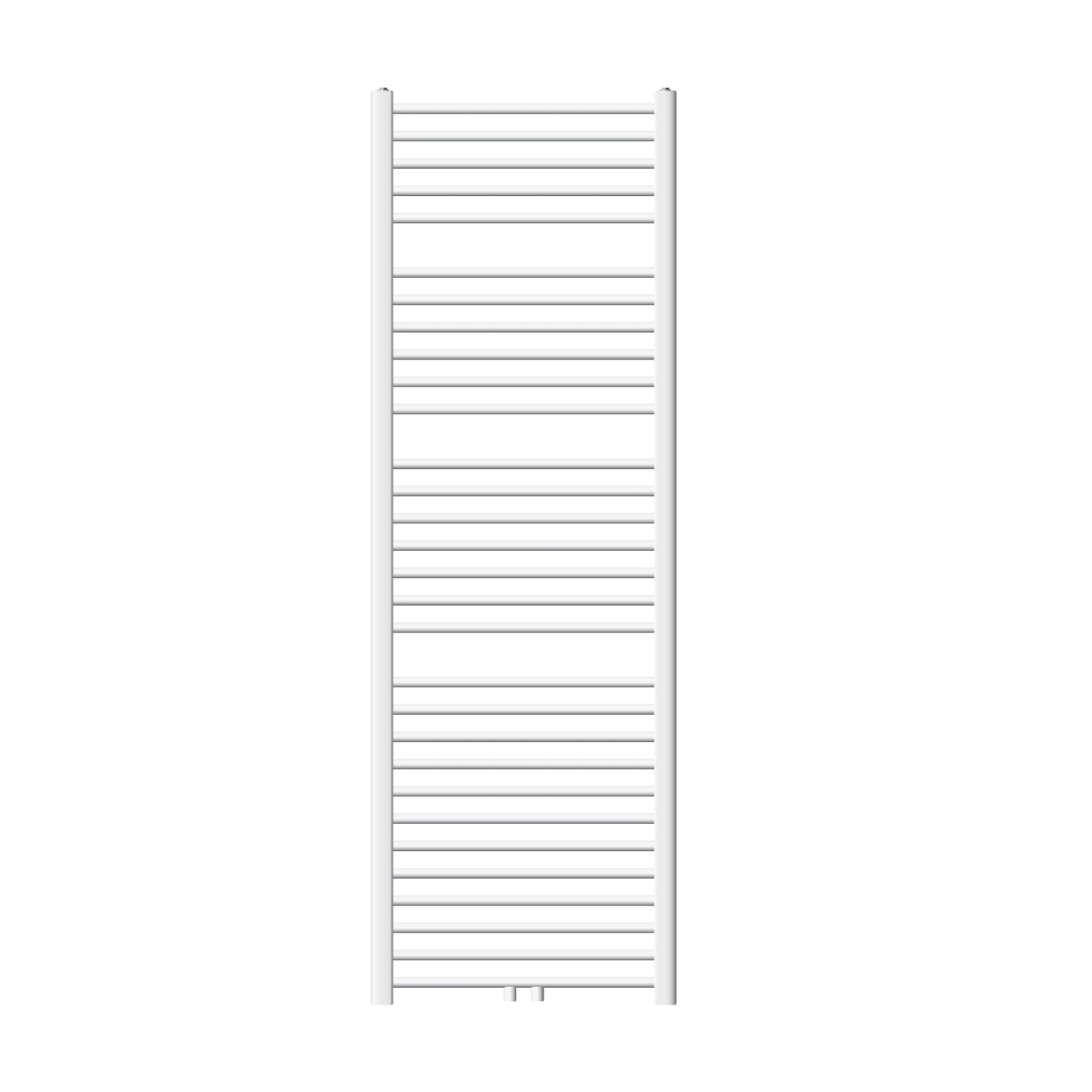 Weißer, gebogener LuxeBath Badheizkörper 600x1800mm mit Mittelanschluss.