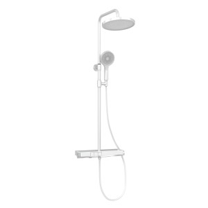 Weißes Emke Duschsystem mit Thermostat, Regendusche und Handbrause. Modernes Brauseset für Ihr Badezimmer.